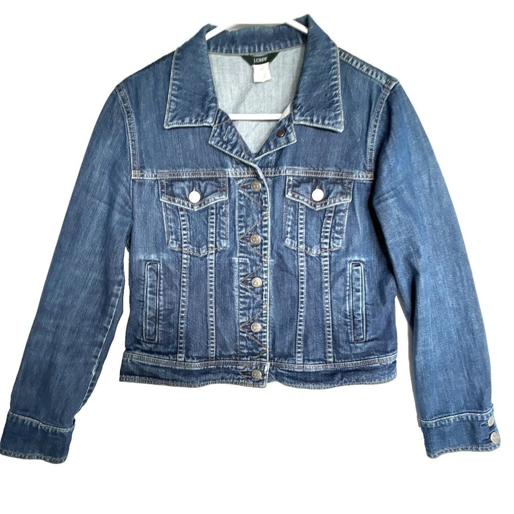 VTG J Crew Trucker Denim Jacket Womens M Western Cropped Stretch Y2k